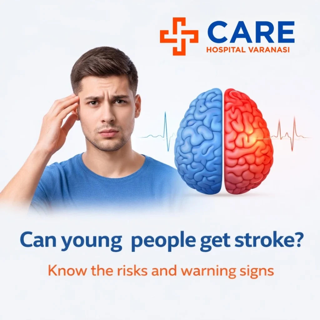 Young man with a brain illustration and text asking if young people can get a stroke.