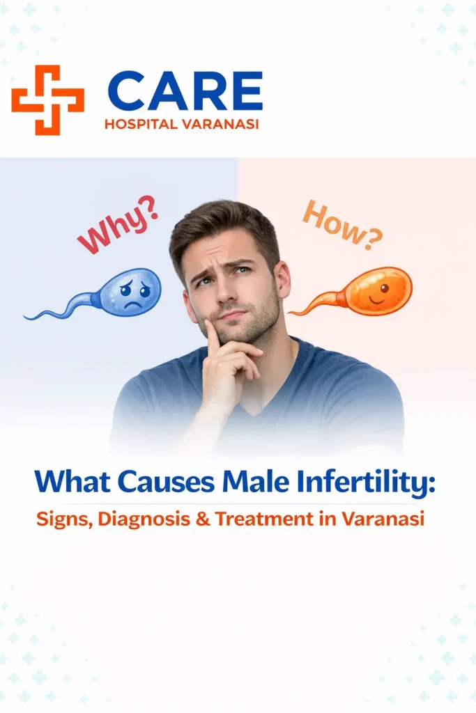 Informational poster from CARE Hospital Varanasi showing a concerned man with sperm illustrations, explaining what causes male infertility, including signs, diagnosis, and treatment at a fertility center in Varanasi.