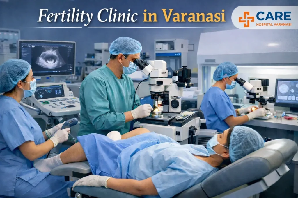 Advanced IVF treatment procedure at a modern fertility clinic in Varanasi, showing fertility specialists performing assisted reproductive technology in a state-of-the-art laboratory at Care Hospital.