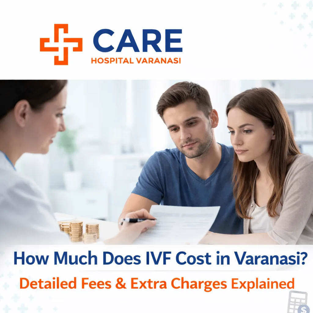 Couple consulting a doctor about IVF treatment costs, with coins and documents shown, explaining how much IVF costs at a fertility center in Varanasi including detailed fees and extra charges.