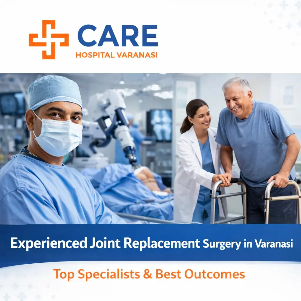 Experienced orthopedic team performing joint replacement surgery in Varanasi at CARE Hospital, featuring advanced robotic technology, expert surgical care, and post-surgery rehabilitation support for elderly patients.