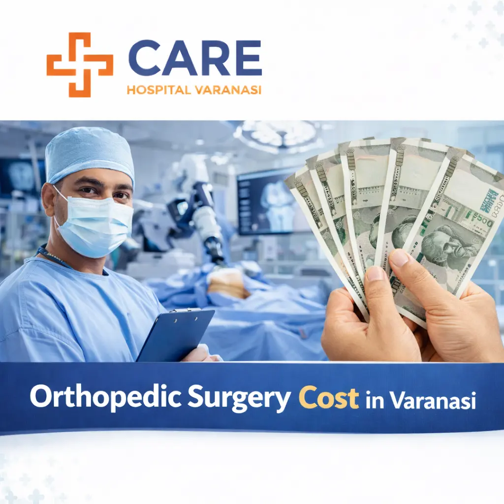 Orthopedic surgeon in a modern operation theatre with robotic equipment, alongside a hand holding Indian currency notes, promotional banner highlighting Orthopedic Surgery Cost in Varanasi with CARE Hospital Varanasi logo displayed at the top.