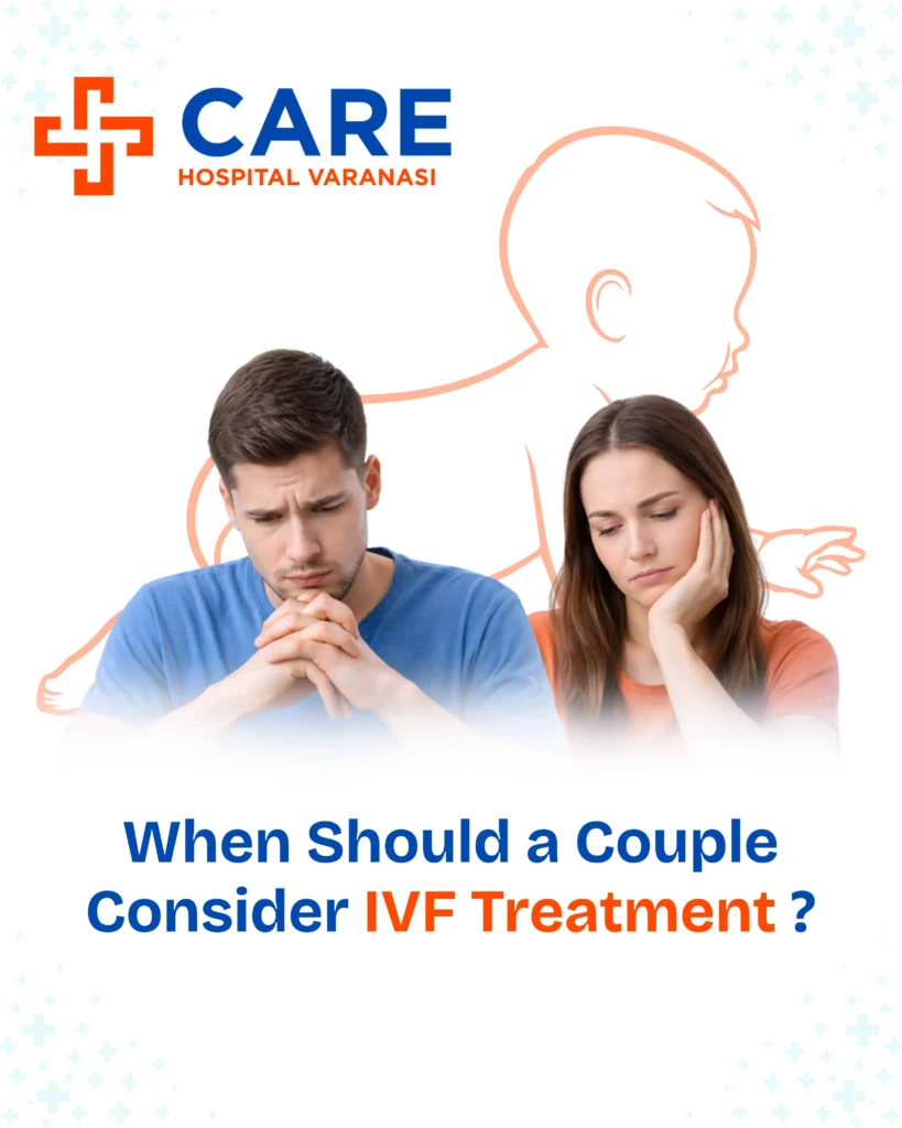 Fertility awareness graphic from Care Hospital Varanasi showing a worried couple sitting side by side, with a line-art baby illustration in the background, and the headline “When Should a Couple Consider IVF Treatment?”