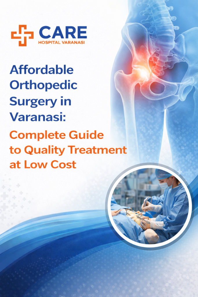Affordable Orthopedic Surgery in Varanasi promotional poster by CARE Hospital Varanasi featuring highlighted hip joint illustration, orthopedic surgeon performing surgery, and blue-orange medical theme healthcare design.