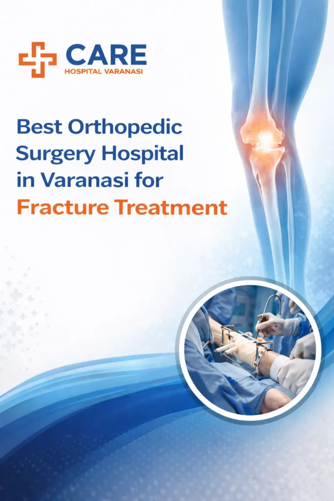 Best Orthopedic Surgery Hospital in Varanasi for Fracture Treatment promotional poster by CARE Hospital Varanasi featuring highlighted knee fracture illustration, orthopedic surgery procedure inset image, and blue-orange medical theme design.