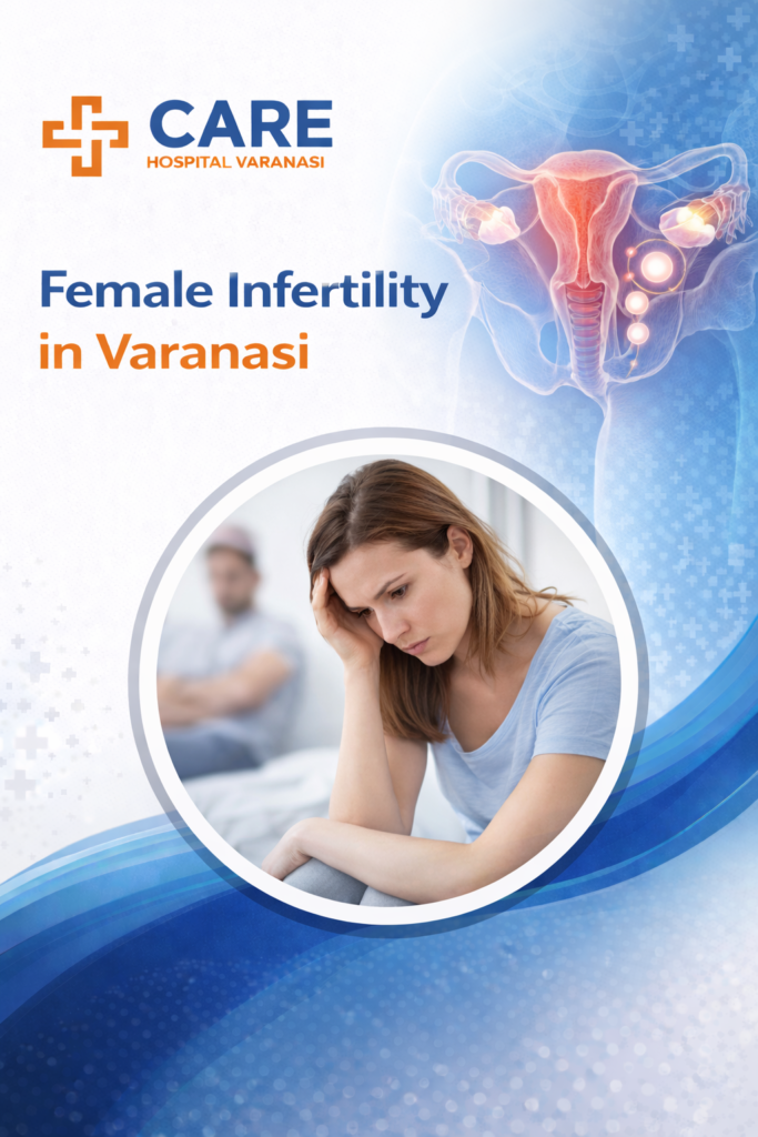 Female Infertility in Varanasi awareness poster by CARE Hospital Varanasi featuring female reproductive system illustration, large circular image of a worried woman with fertility concerns, and blue-orange medical healthcare theme design.