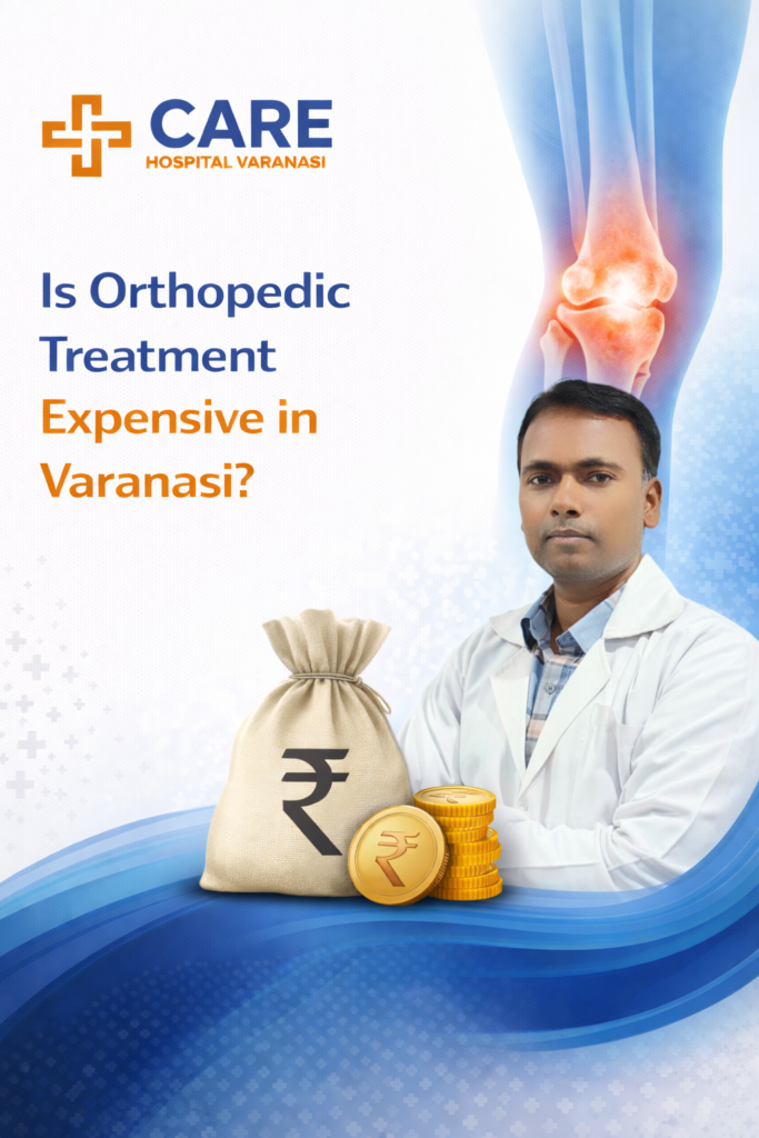 Is Orthopedic Treatment Expensive in Varanasi poster by CARE Hospital Varanasi featuring orthopedic doctor portrait, highlighted knee joint illustration, rupee money bag with coins, and blue-orange medical theme healthcare design.