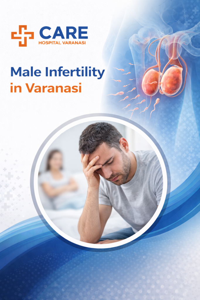Male Infertility in Varanasi awareness poster by CARE Hospital Varanasi featuring male reproductive system illustration, large circular image of a stressed man with fertility concerns, and blue-orange medical theme healthcare design.