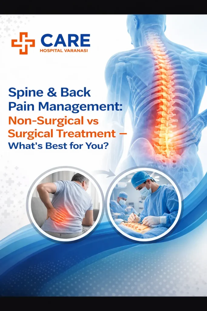 Spine & Back Pain Management non-surgical vs surgical treatment promotional poster by CARE Hospital Varanasi featuring highlighted spine illustration, patient with lower back pain, and surgeon performing spine surgery in blue and orange medical theme.